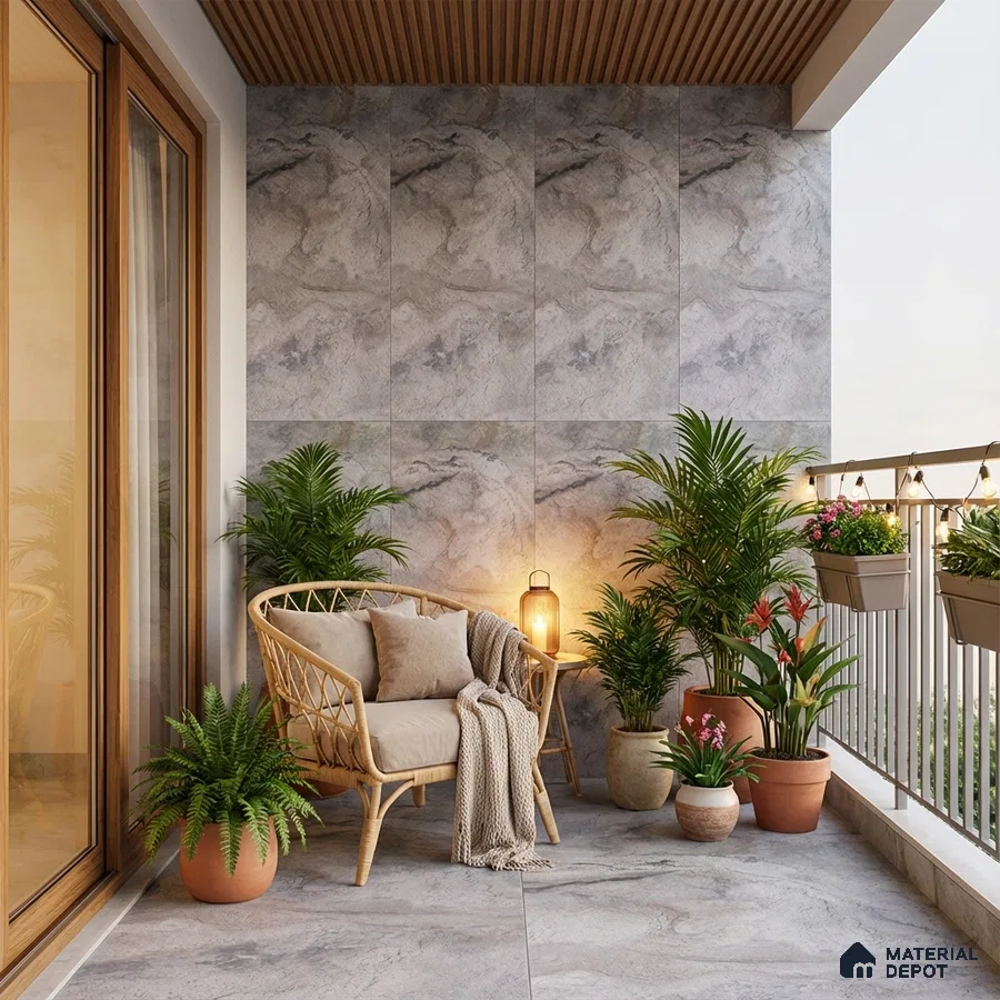 Scandinavian balcony with grey marble-look wall tiles, stone floor tiles, and wooden ceiling panels