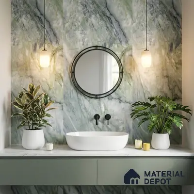 Modern bathroom with green marble wall tiles and sage green vanity