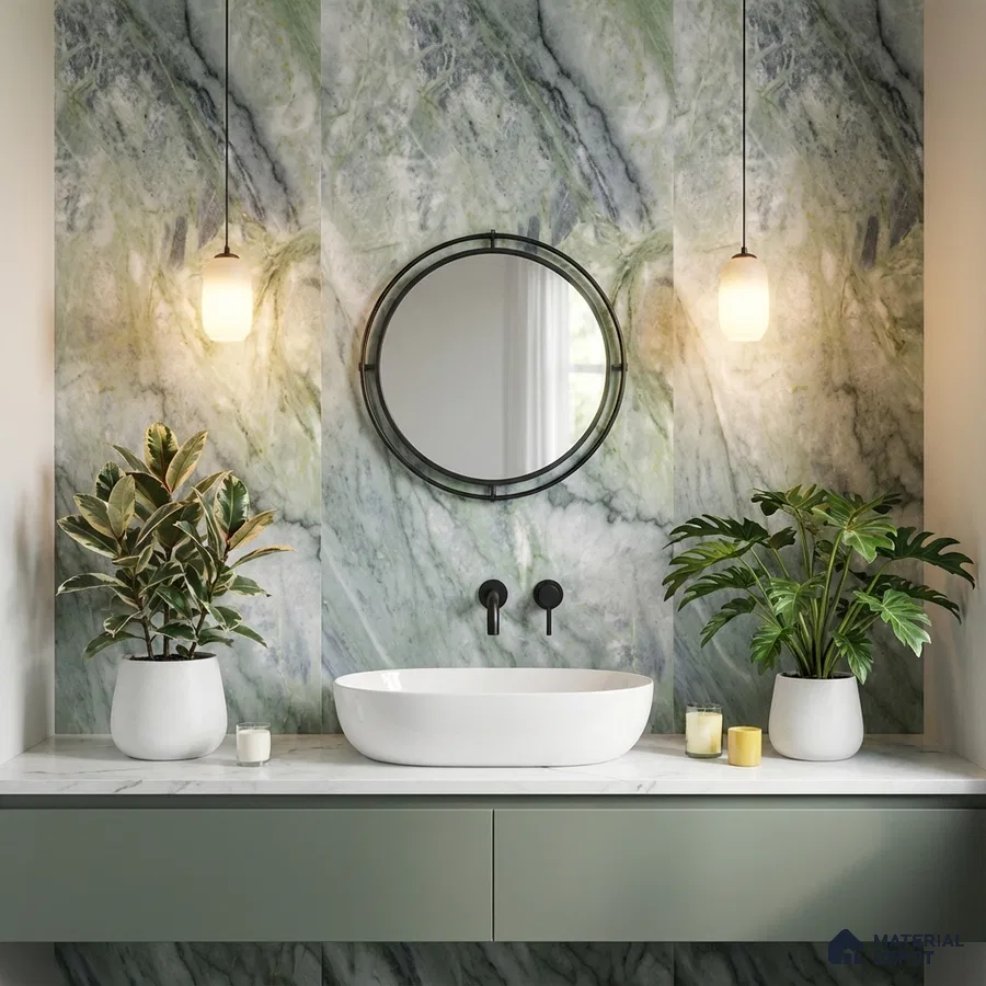 Modern bathroom with green marble wall tiles and sage green vanity