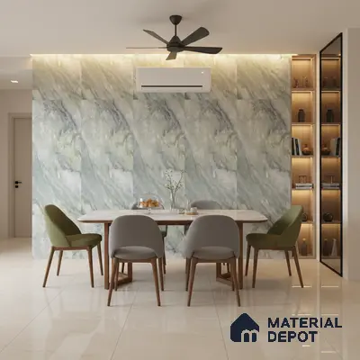 Modern dining room with green marble-look wall tiles and beige polished floor tiles