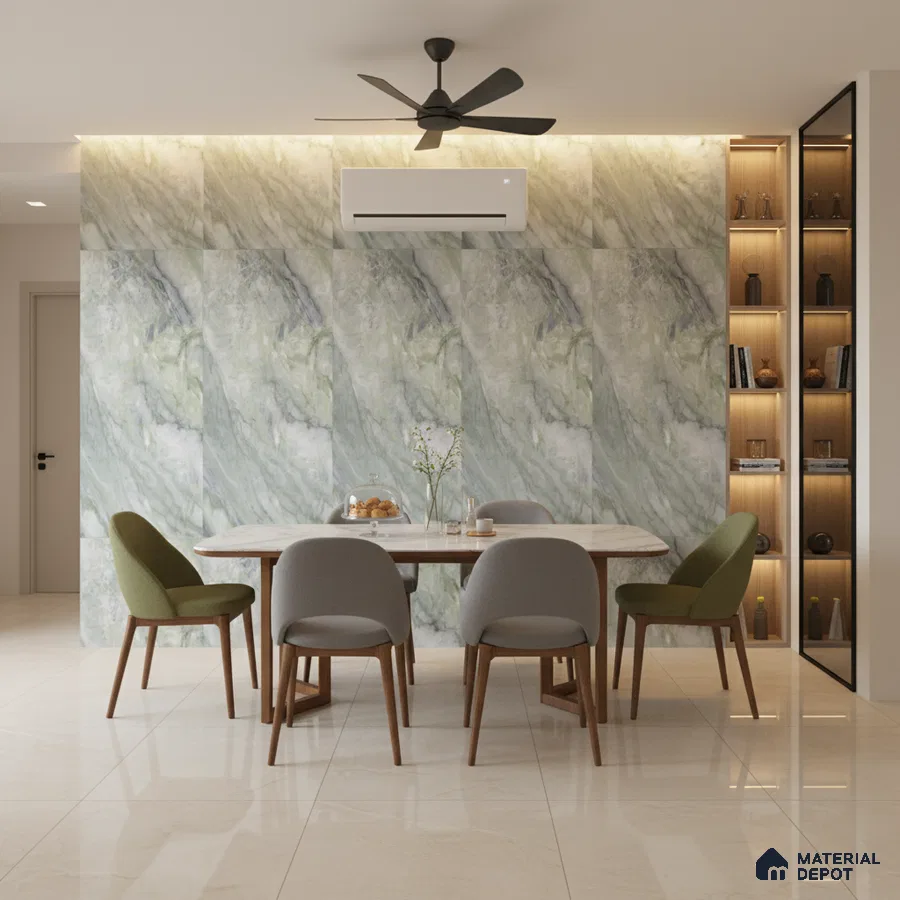 Modern dining room with green marble-look wall tiles and beige polished floor tiles