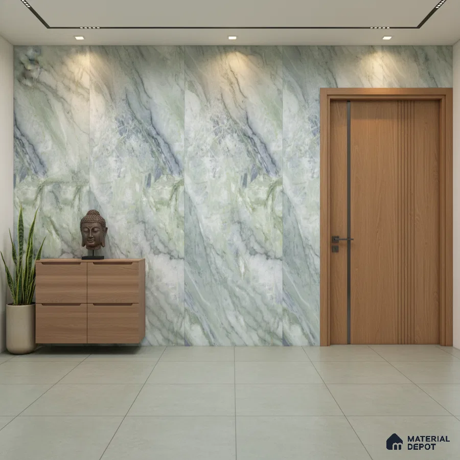 Modern foyer with green marble-look wall panels and light wood laminate console