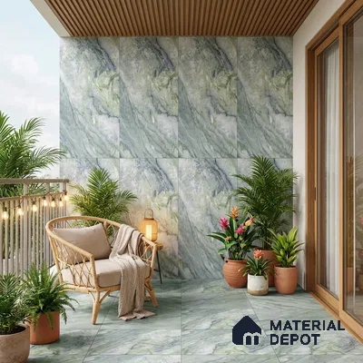 Modern balcony with green marble-look wall and floor tiles and wooden ceiling panels