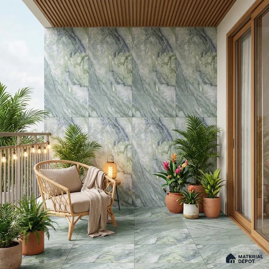 Modern balcony with green marble-look wall and floor tiles and wooden ceiling panels