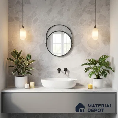 Minimalist bathroom with terrazzo wall tiles and matte grey floating vanity