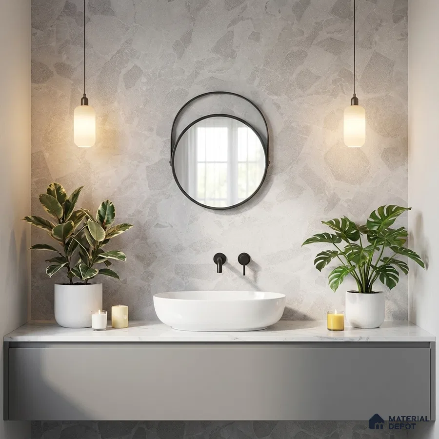 Minimalist bathroom with terrazzo wall tiles and matte grey floating vanity