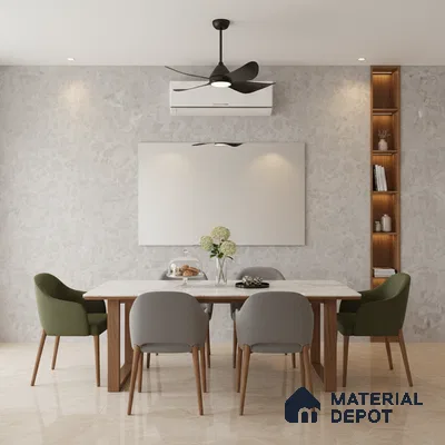 Modern dining room with terrazzo wall, marble tabletop, and beige floor tiles