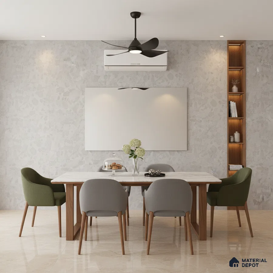 Modern dining room with terrazzo wall, marble tabletop, and beige floor tiles