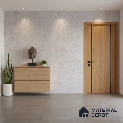 Minimalist foyer with light oak laminate console, terrazzo wall, and grey porcelain floor tiles