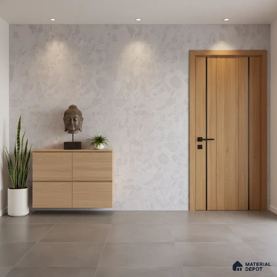 Minimalist foyer with light oak laminate console, terrazzo wall, and grey porcelain floor tiles
