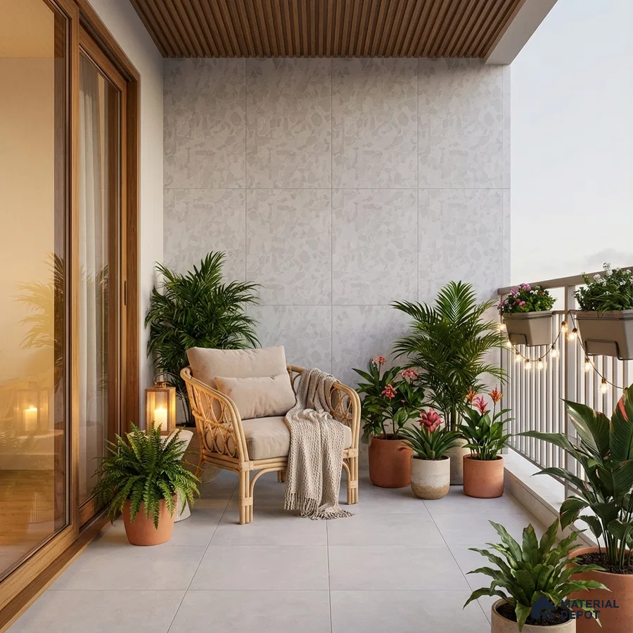 Scandinavian balcony with terrazzo wall tiles, light grey floor tiles, and wooden ceiling louvers