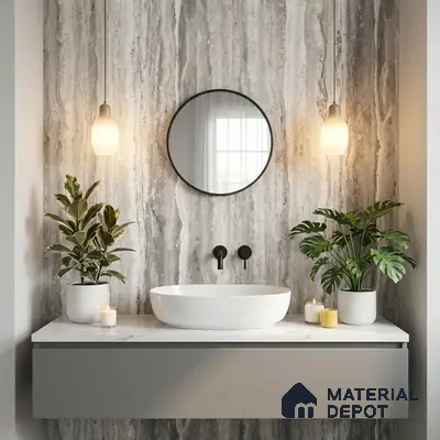 Modern bathroom with grey marble wall tile and white marble countertop