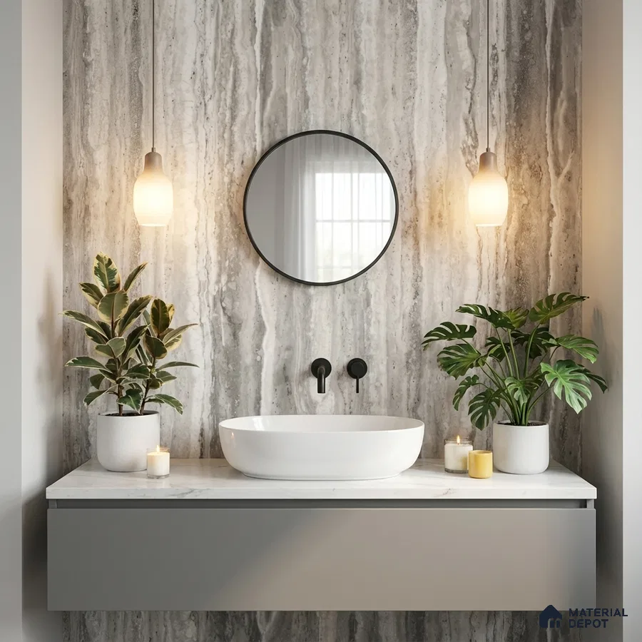 Modern bathroom with grey marble wall tile and white marble countertop