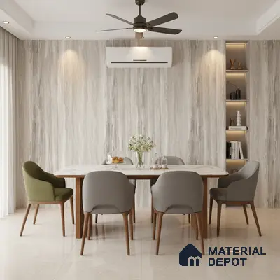 Modern dining room with marble-look wall panels and beige marble floor tiles