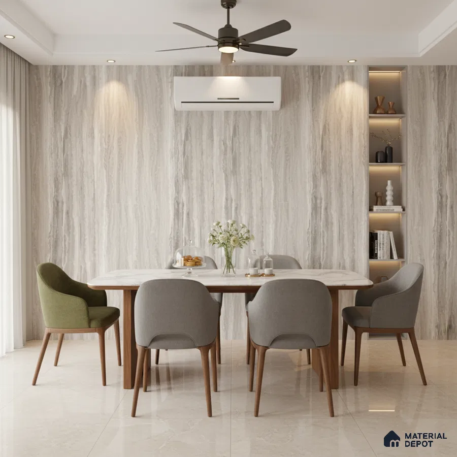 Modern dining room with marble-look wall panels and beige marble floor tiles
