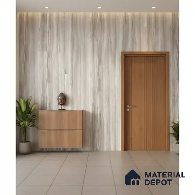 Modern foyer with light grey marble-look wall panels, oak wood laminate door, and floating cabinet