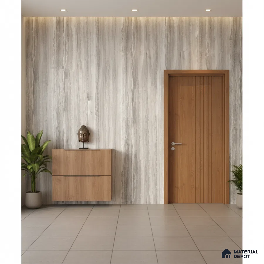 Modern foyer with light grey marble-look wall panels, oak wood laminate door, and floating cabinet