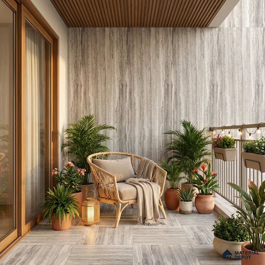 Scandinavian balcony with grey stone-look wall tiles, wood slat ceiling, and natural planters