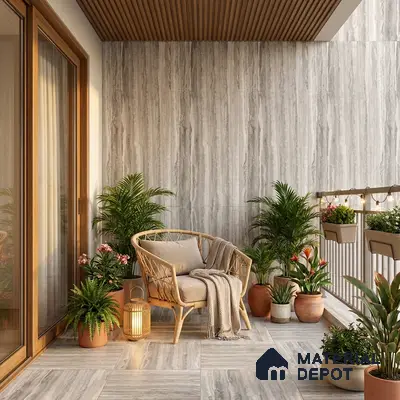 Scandinavian balcony with grey stone-look wall tiles, wood slat ceiling, and natural planters