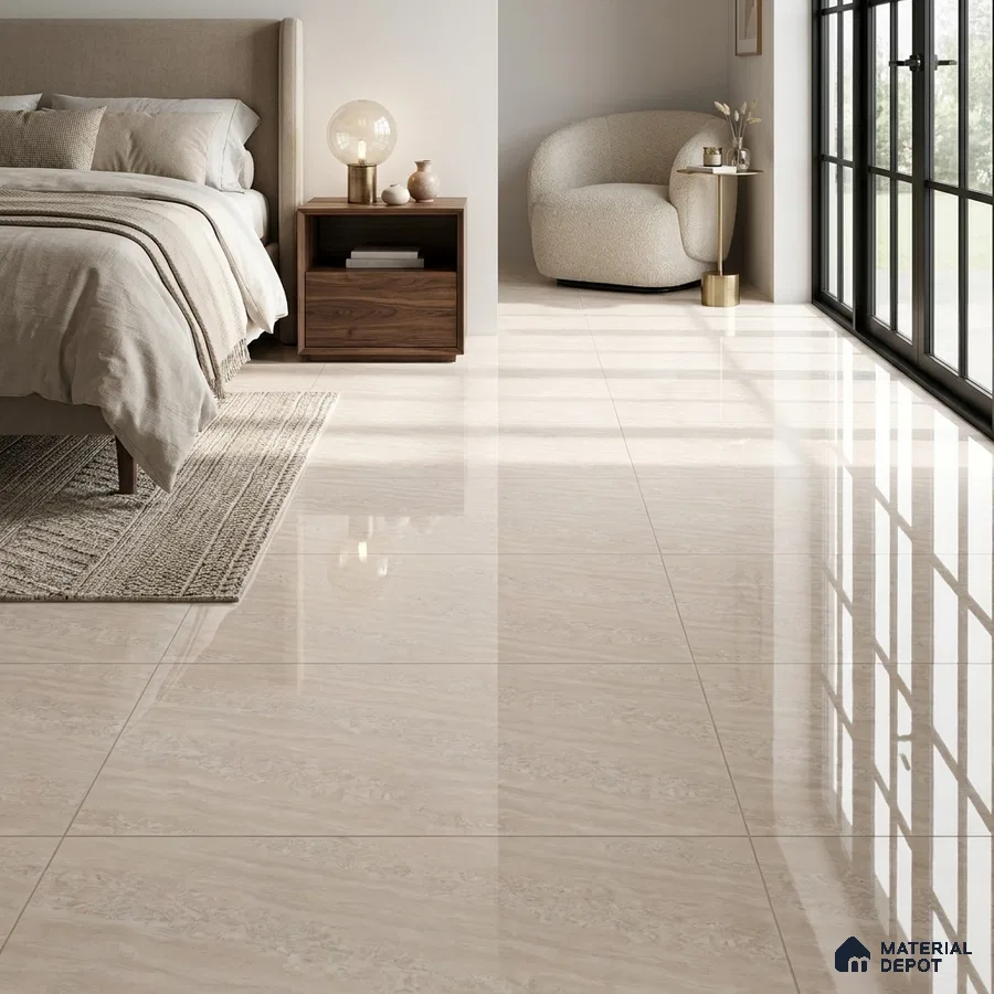 Modern Bedroom with Glossy Cream Marble-Look Floor Tile