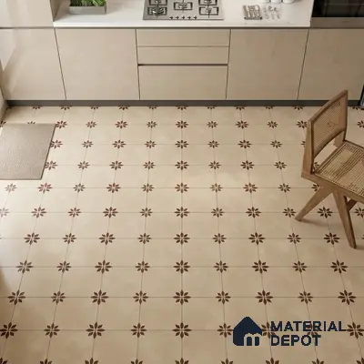 Modern kitchen with beige high gloss laminate cabinets and brown floral patterned floor tiles