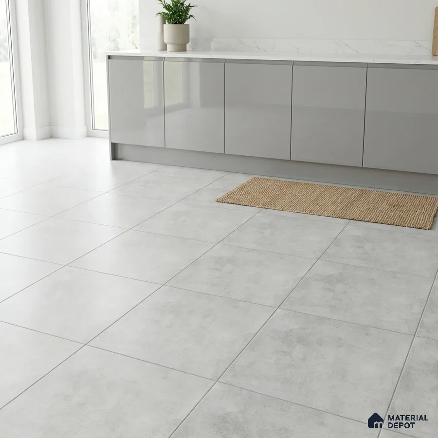 Minimalist kitchen with glossy grey laminate cabinets and matte light grey floor tiles