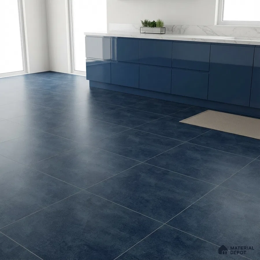 Modern kitchen with navy blue glossy laminate cabinets and matte blue floor tiles