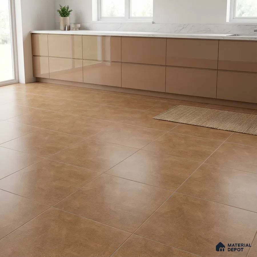 Modern kitchen with glossy beige laminate cabinets and matte tan floor tiles