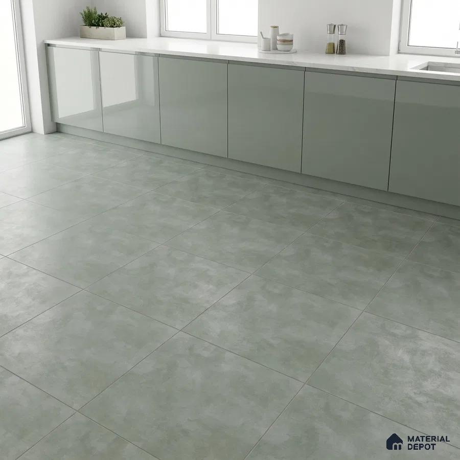 Minimalist kitchen with sage green high gloss laminate cabinets and matte sage green floor tiles