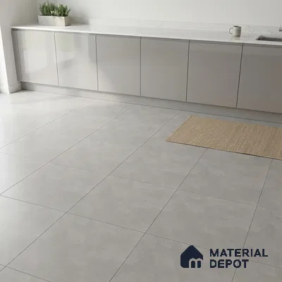 Minimalist kitchen with glossy light grey laminate cabinets and matte light grey stone-look floor tiles