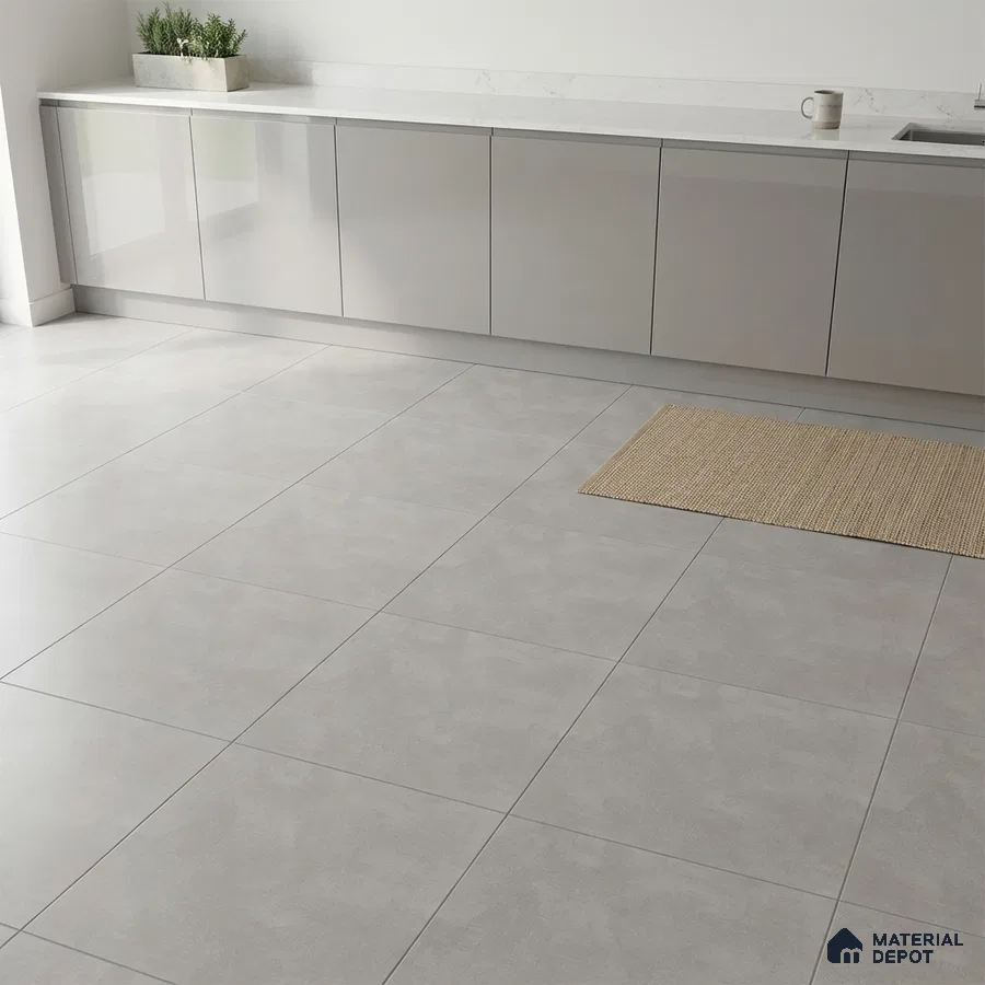 Minimalist kitchen with glossy light grey laminate cabinets and matte light grey stone-look floor tiles