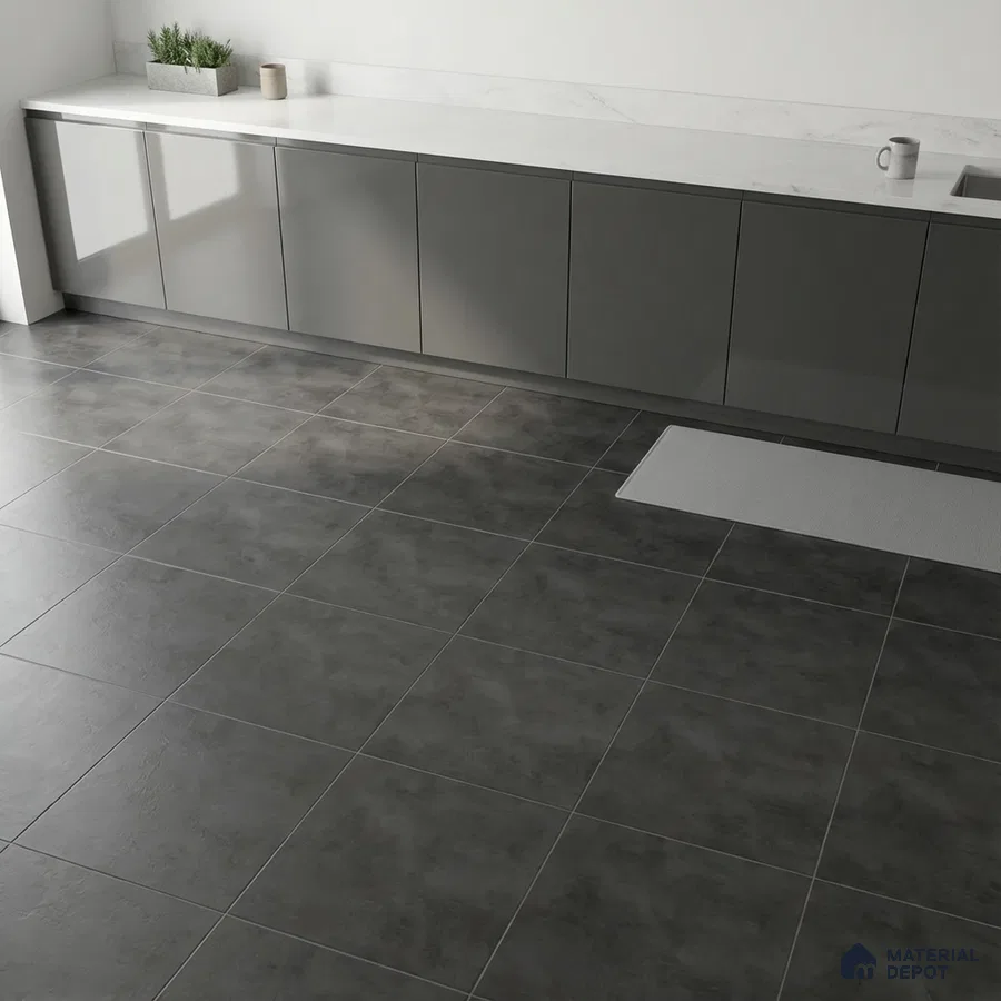 Minimalist kitchen with grey matte laminate cabinets and white marble countertop