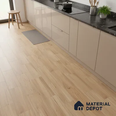 Modern kitchen with beige high gloss laminate cabinets, black marble countertop, and light oak wood-look floor tiles