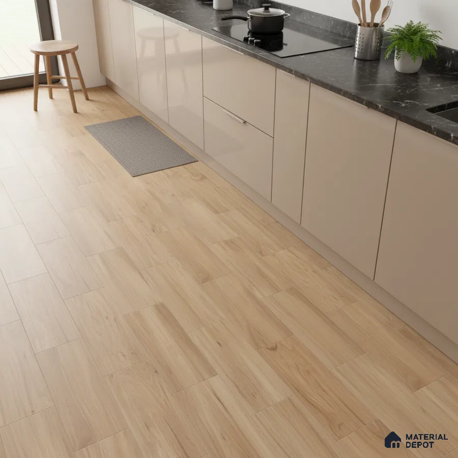 Modern kitchen with beige high gloss laminate cabinets, black marble countertop, and light oak wood-look floor tiles