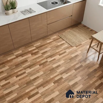 Modern kitchen with glossy taupe laminate cabinets, white marble-look countertop, and wood-look patterned floor tiles