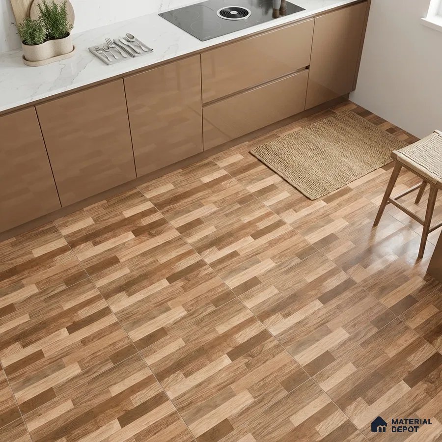 Modern kitchen with glossy taupe laminate cabinets, white marble-look countertop, and wood-look patterned floor tiles