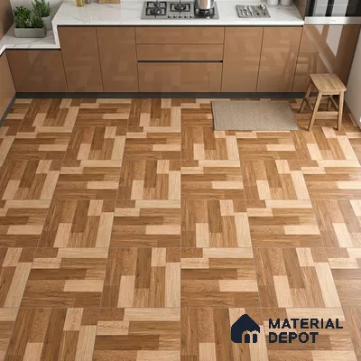 Modern kitchen with glossy beige laminate cabinets and geometric wood-look floor tiles