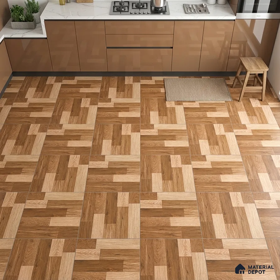 Modern kitchen with glossy beige laminate cabinets and geometric wood-look floor tiles