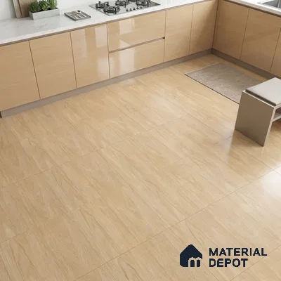 Modern kitchen with beige high gloss laminate cabinets and light wood-look floor tiles