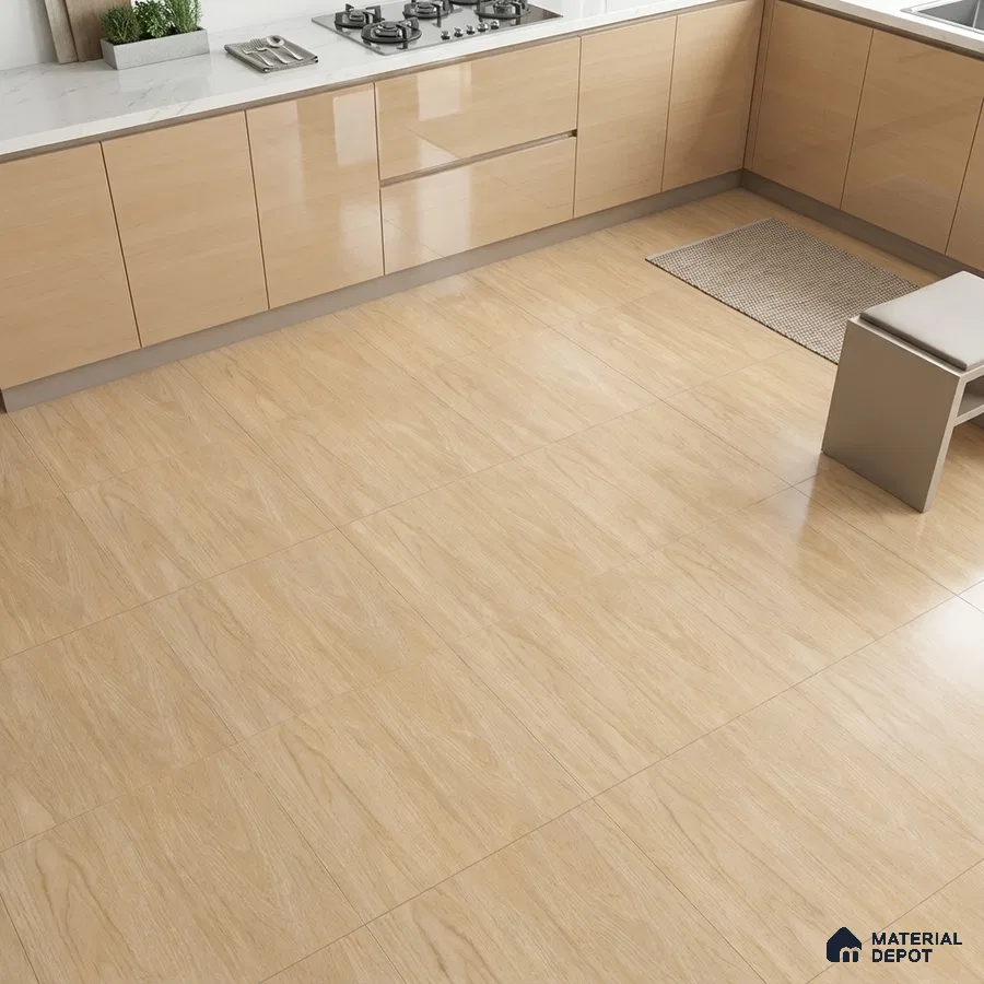 Modern kitchen with beige high gloss laminate cabinets and light wood-look floor tiles