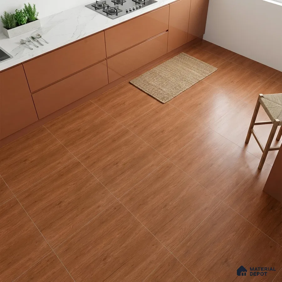 Modern kitchen with glossy terracotta laminate cabinets, white marble-look countertop, and wood-look floor tiles