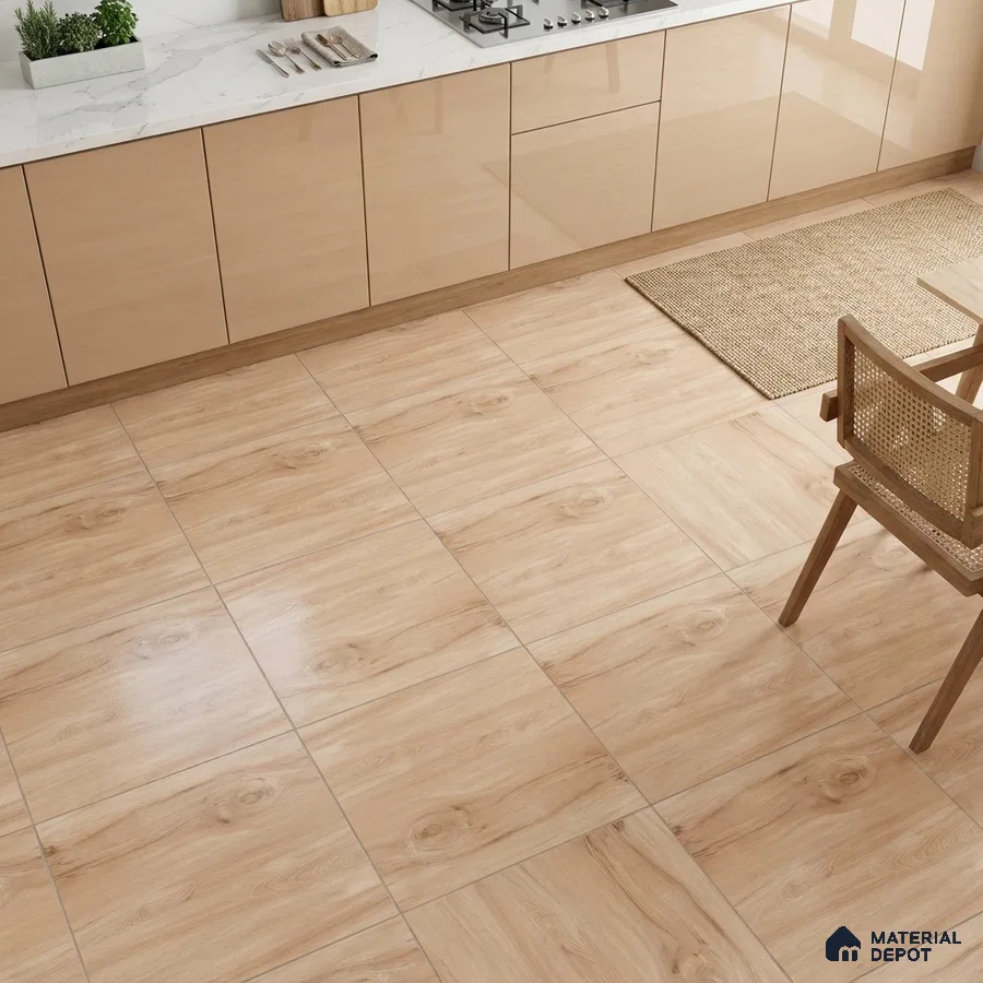 Modern kitchen with beige high gloss laminate cabinets, white marble-look countertop, and light oak wood-look floor tiles