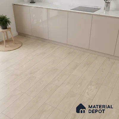 Modern kitchen with beige high gloss laminate cabinets, white marble countertop, and light oak wood-look floor tiles