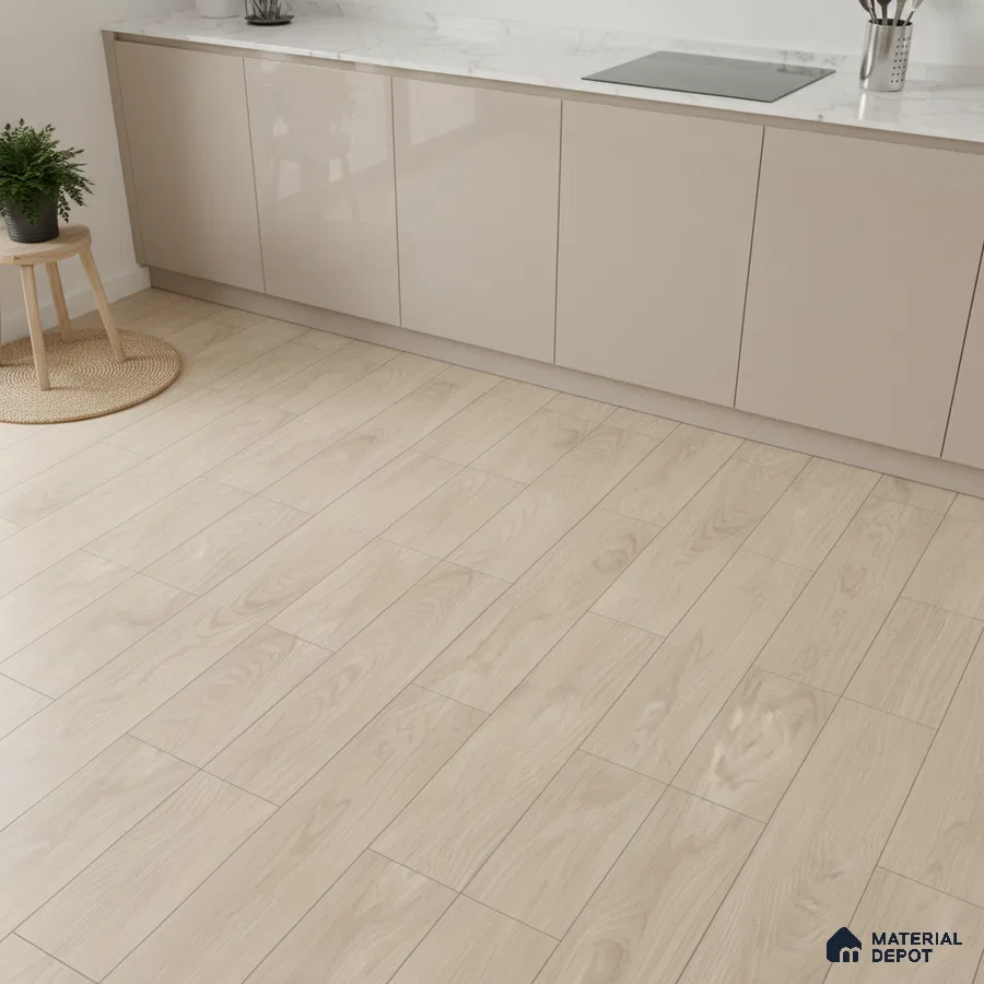 Modern kitchen with beige high gloss laminate cabinets, white marble countertop, and light oak wood-look floor tiles