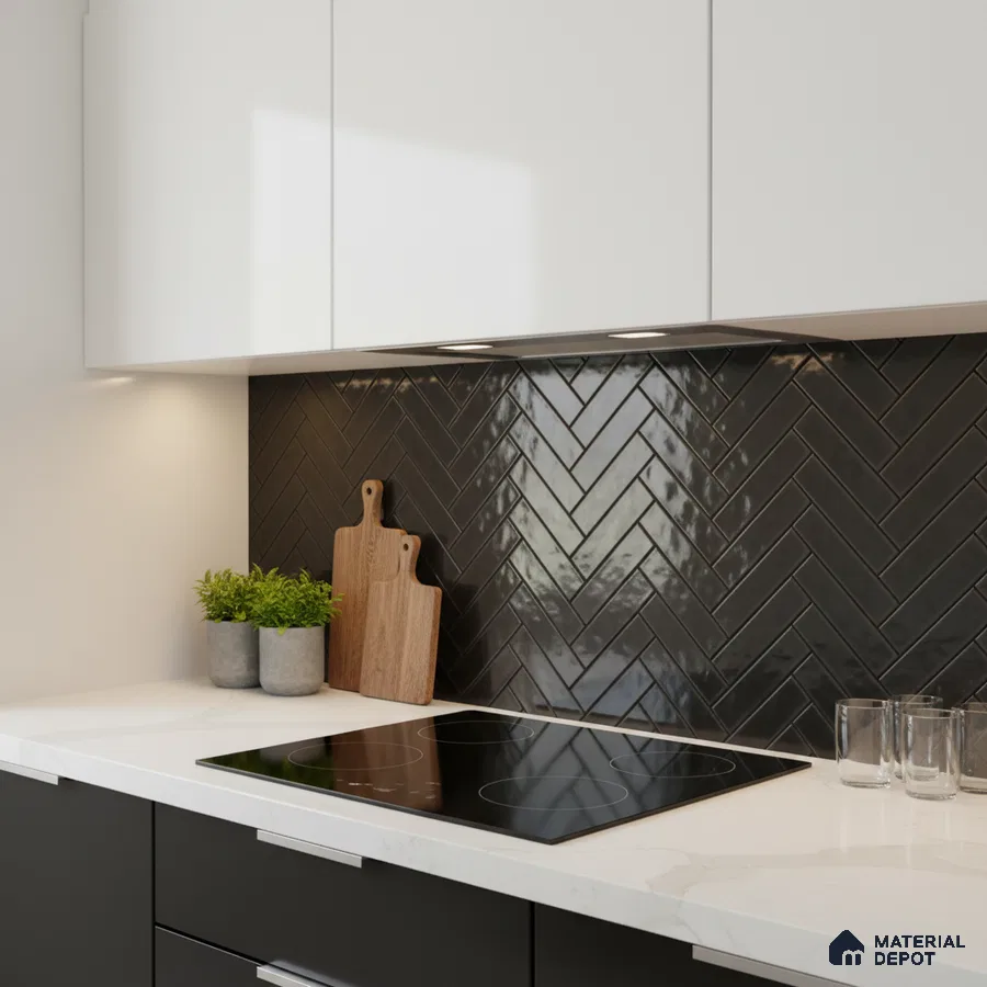Modern kitchen with white quartz countertop, matte black cabinets, and glossy black herringbone subway tile backsplash