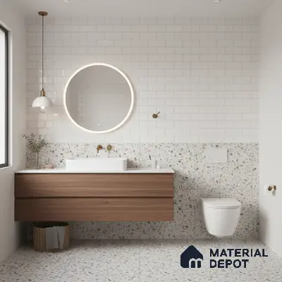 Scandinavian bathroom with terrazzo floor and wall tiles, white subway wall tile, and floating wood vanity