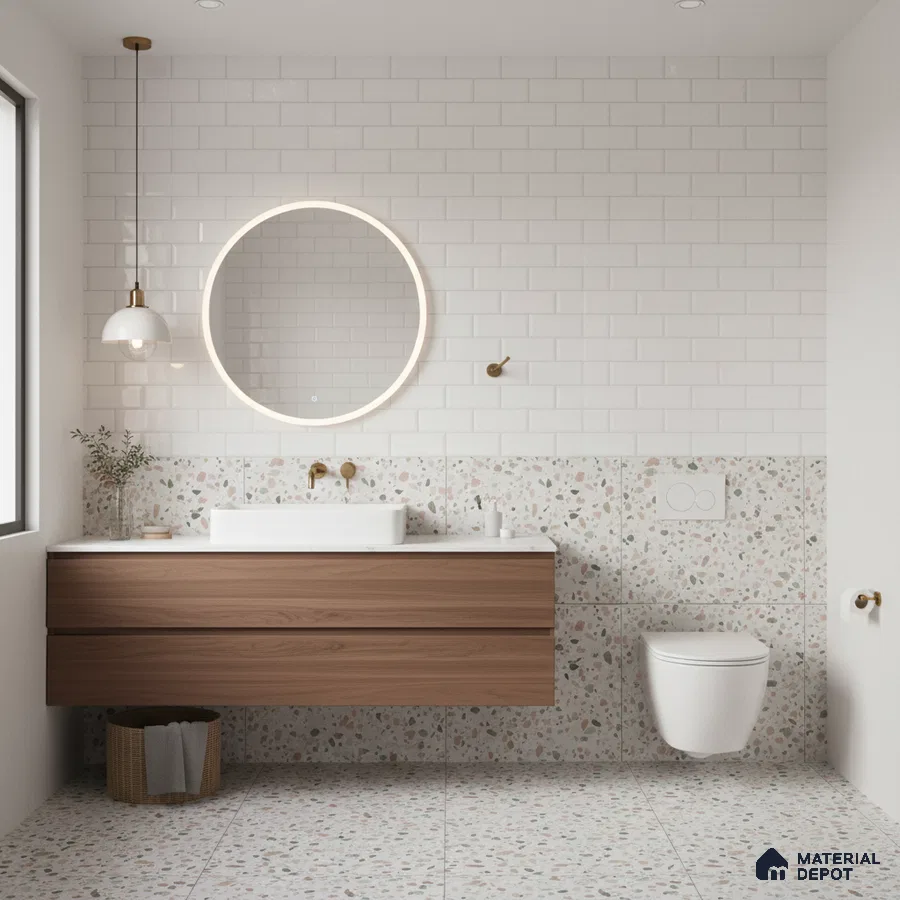 Scandinavian bathroom with terrazzo floor and wall tiles, white subway wall tile, and floating wood vanity