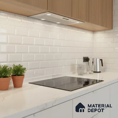 Modern kitchen with white subway tile backsplash, white marble-look quartz countertop, and light oak laminate cabinets