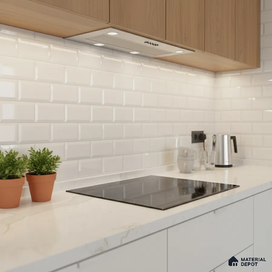 Modern kitchen with white subway tile backsplash, white marble-look quartz countertop, and light oak laminate cabinets