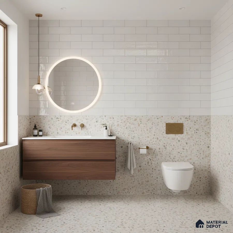Minimalist kitchen with frosty white laminate, white marble-look quartz countertop, and glossy light grey subway backsplash tile